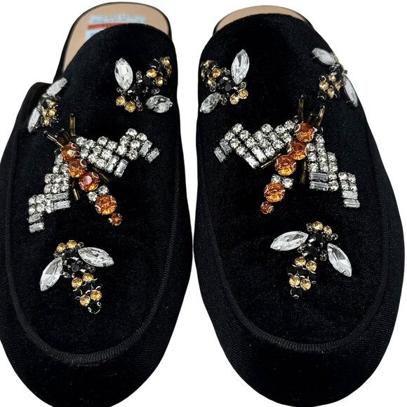 INC Black Bug Gannie 5 Velvet Rhinestone Dragonfly Bumblebee 8 Mules Flats READ - Picture 1 of 11